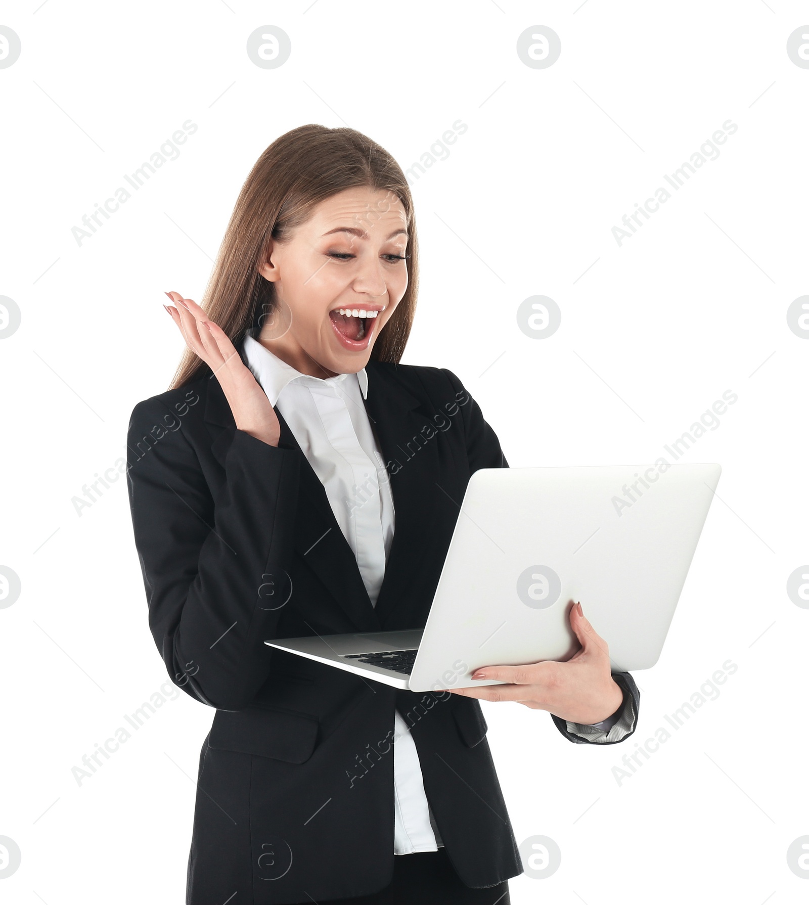 Photo of Emotional businesswoman in office wear with laptop celebrating victory on white background