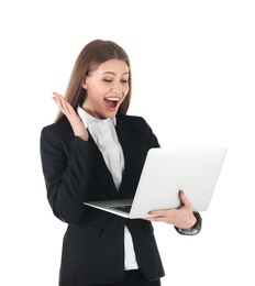 Emotional businesswoman in office wear with laptop celebrating victory on white background