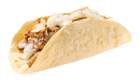 Photo of Delicious taco with meat and onion isolated on white