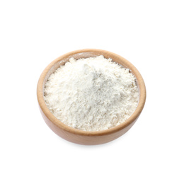 Photo of Organic flour in bowl isolated on white