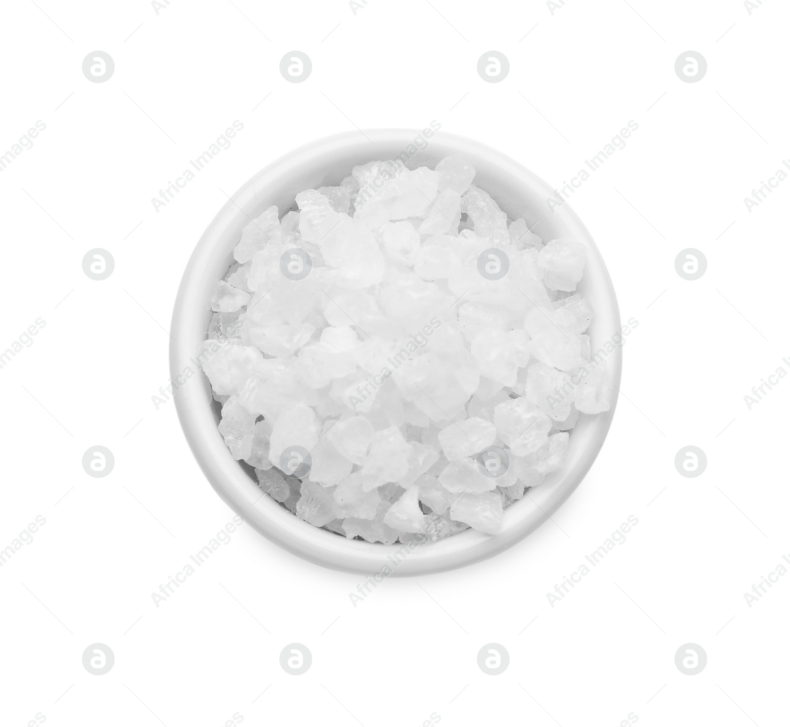 Photo of Bowl with natural sea salt isolated on white, top view