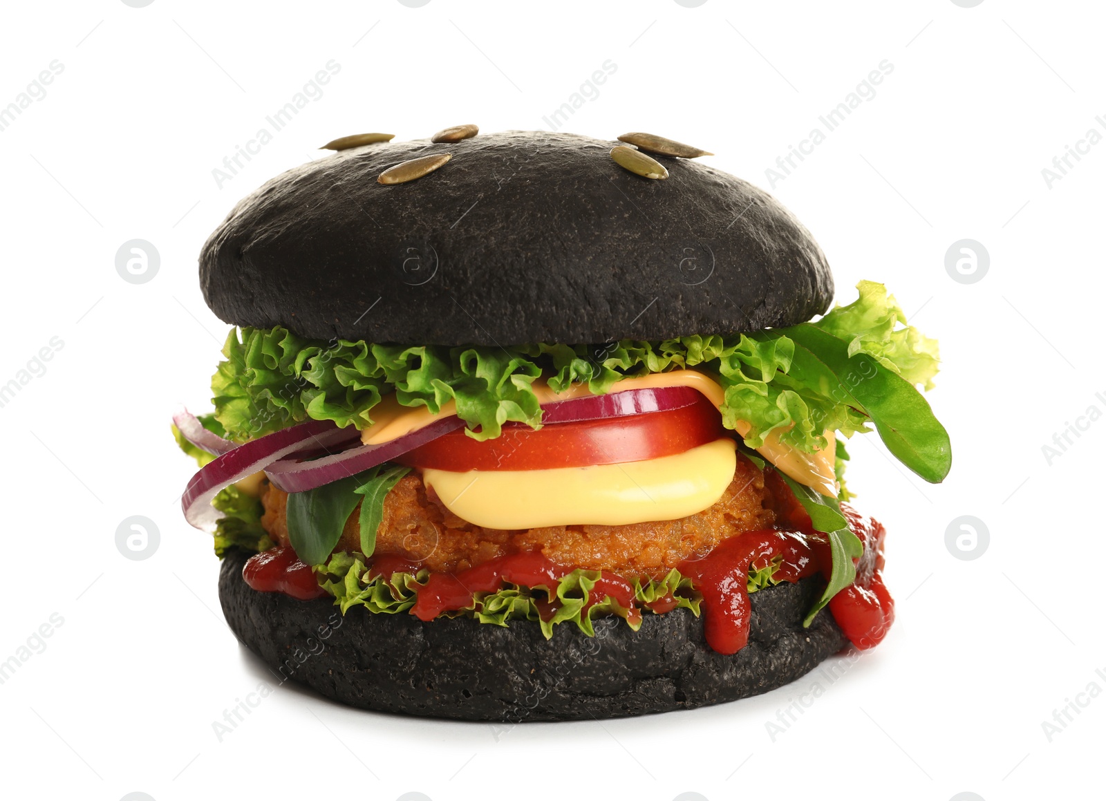 Photo of Tasty black vegetarian burger on white background