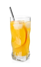 Photo of Delicious orange soda water on white background