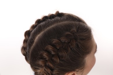 Photo of Woman with braided hair on white background, closeup