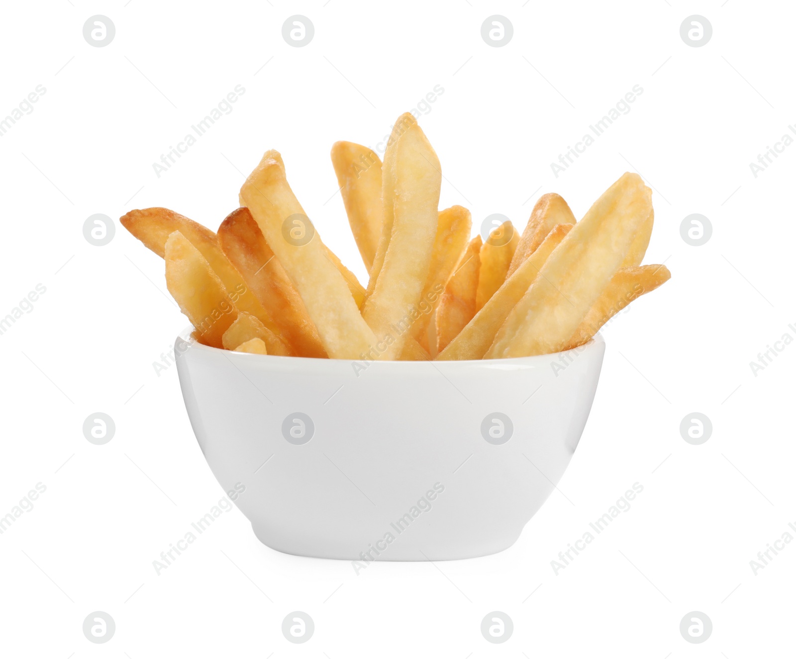 Photo of Bowl of delicious french fries on white background