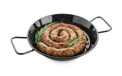 Tasty homemade sausages with spices isolated on white