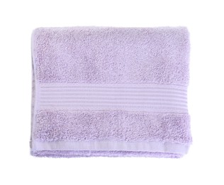 Photo of Folded violet terry towel isolated on white, top view