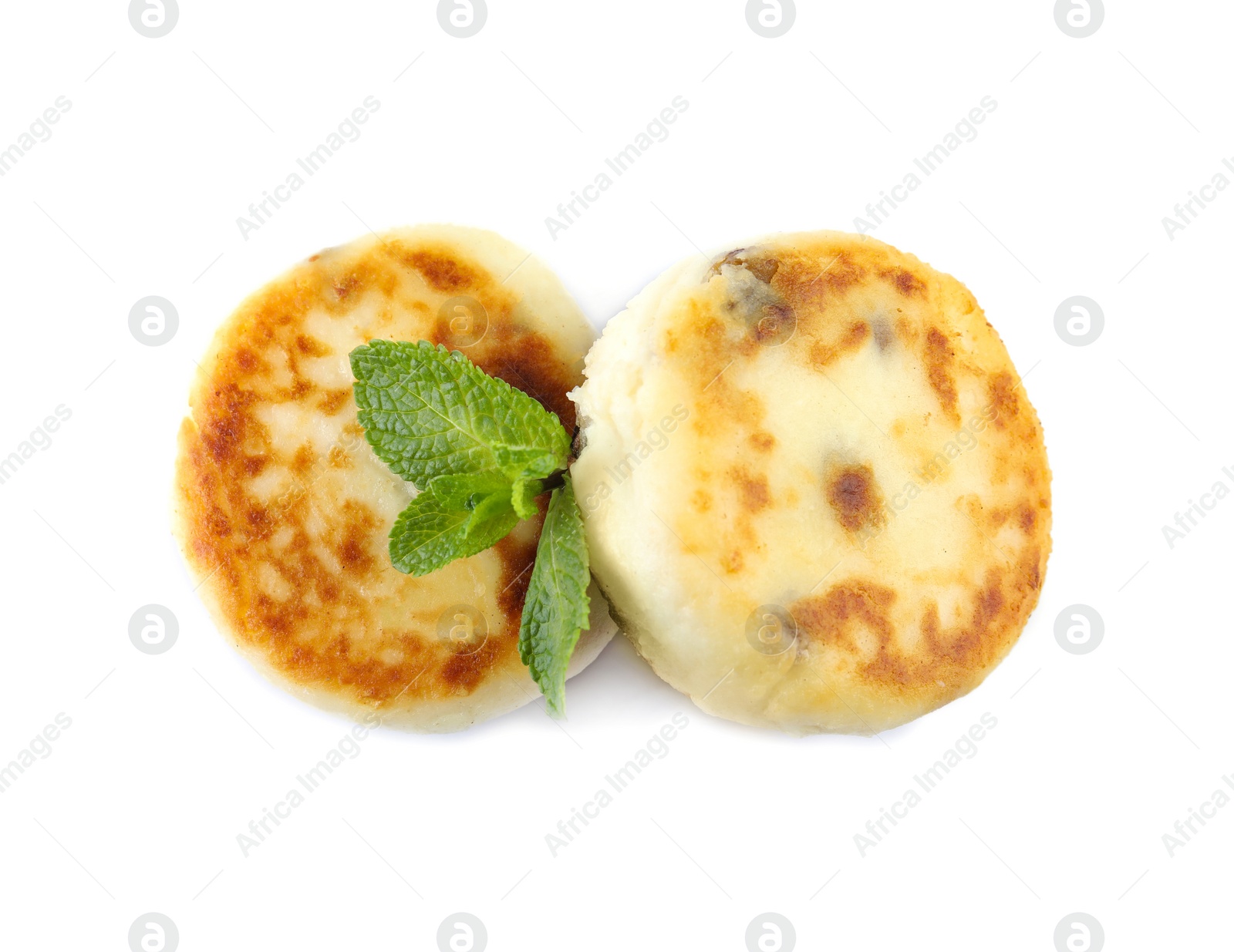 Photo of Delicious cottage cheese pancakes with mint isolated on white, top view