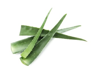 Photo of Green aloe vera leaves isolated on white, top view