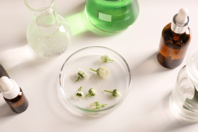 Photo of Skin care products, ingredients and laboratory glassware on white background. Dermatology research