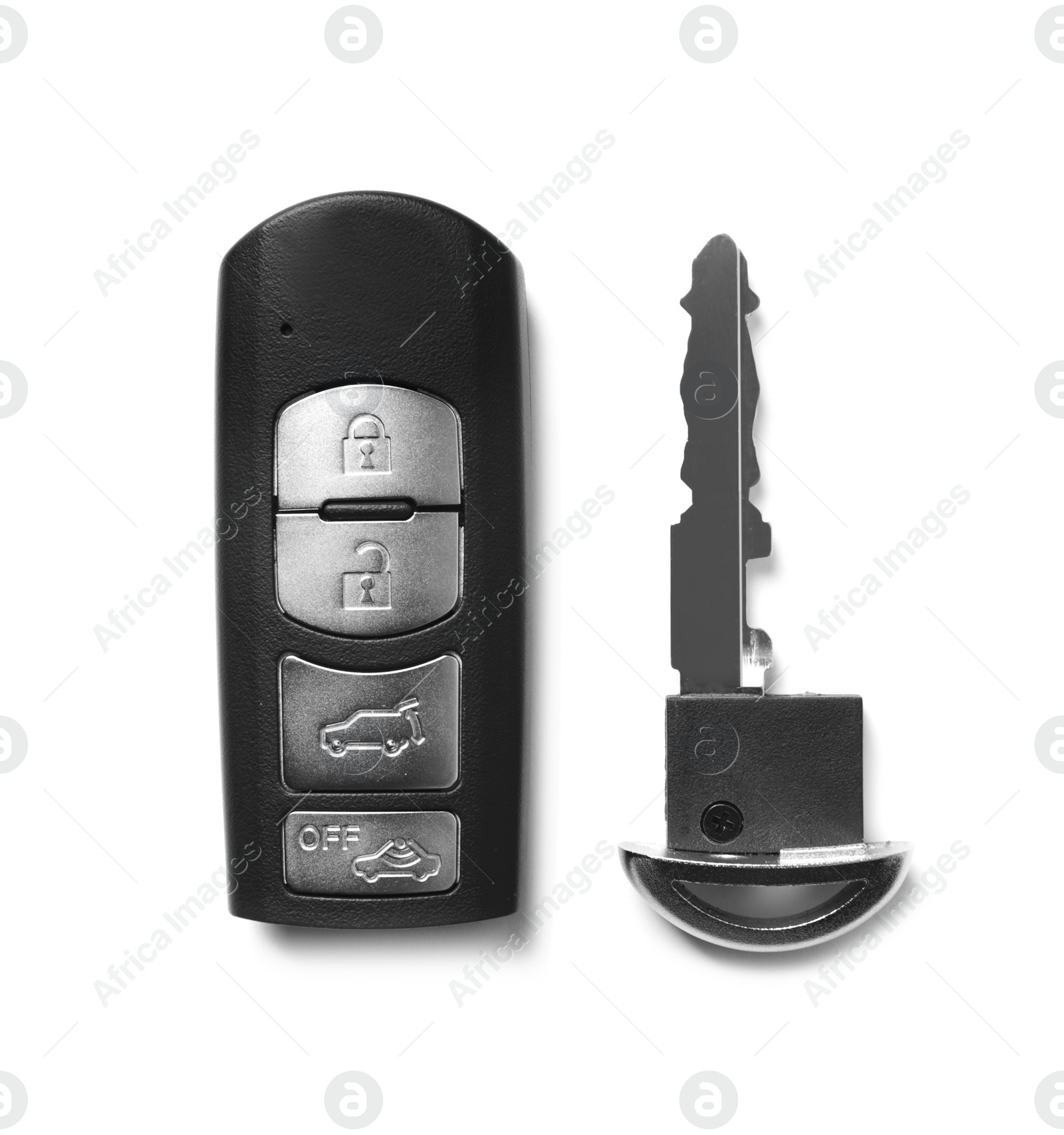 Photo of Car key and alarm system remote control isolated on white, top view