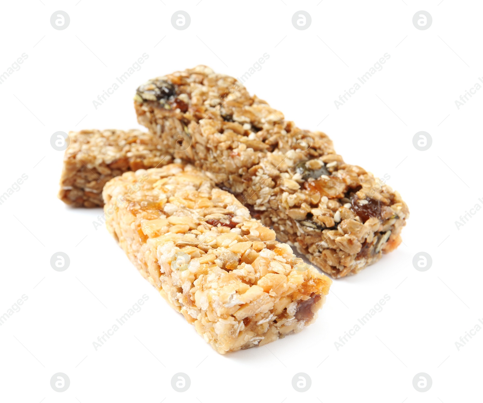 Photo of Different grain cereal bars on white background. Healthy snack