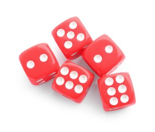 Photo of Many red game dices isolated on white, top view