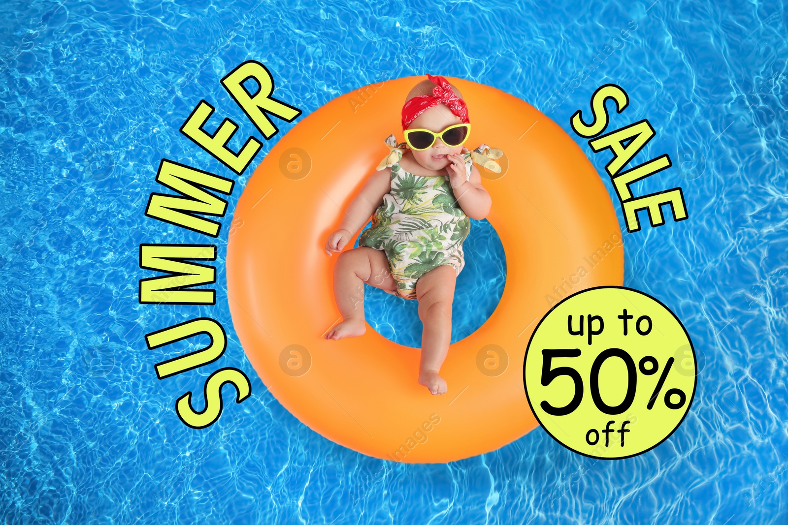 Image of Hot summer sale flyer design. Baby with inflatable ring in swimming pool and text, top view