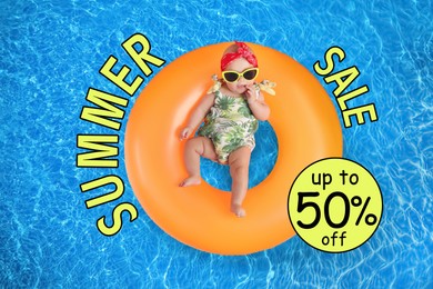Image of Hot summer sale flyer design. Baby with inflatable ring in swimming pool and text, top view