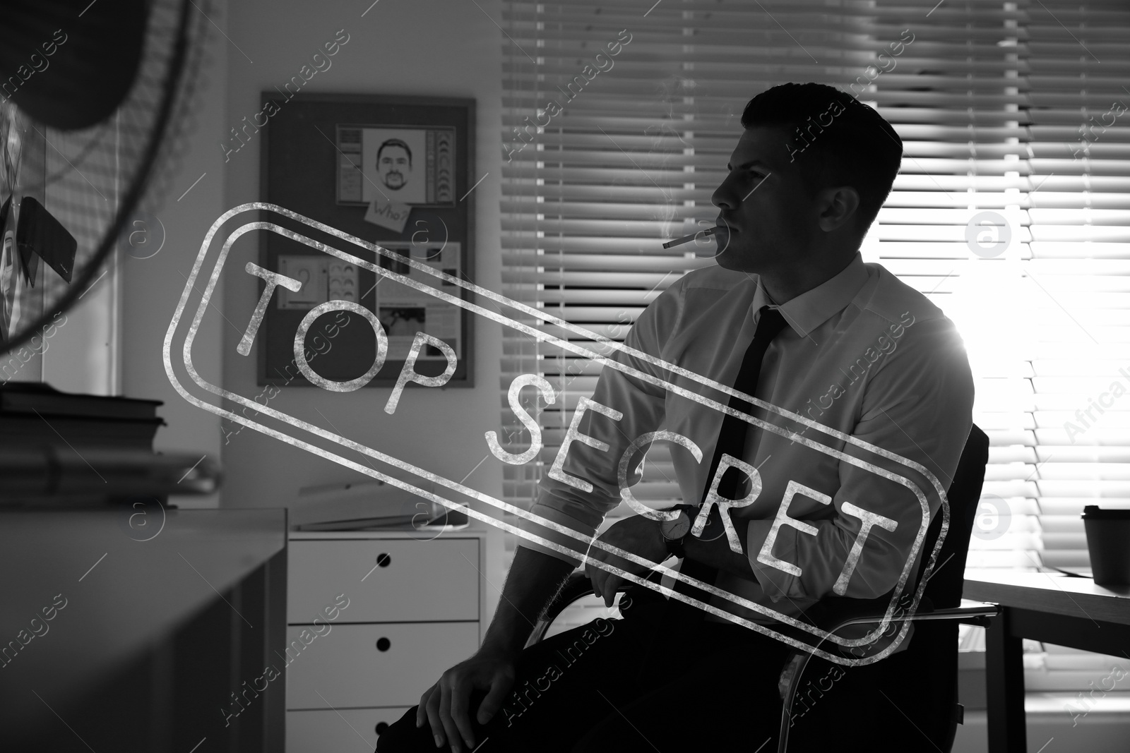 Image of Classified information of investigation. Detective working in office, black and white effect. Stamp Top Secret