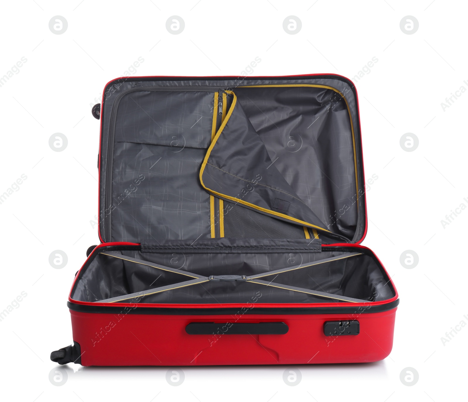 Photo of Open suitcase for travelling on white background