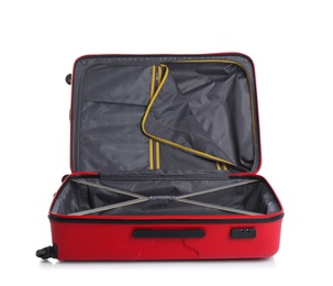 Photo of Open suitcase for travelling on white background