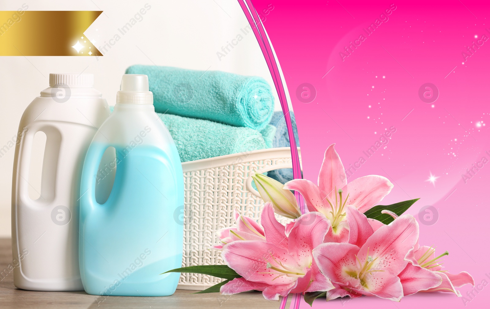 Image of Fabric softener advertising design. Bottles of conditioner, lily flowers and clean towels