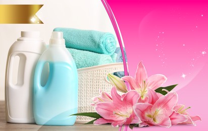 Fabric softener advertising design. Bottles of conditioner, lily flowers and clean towels