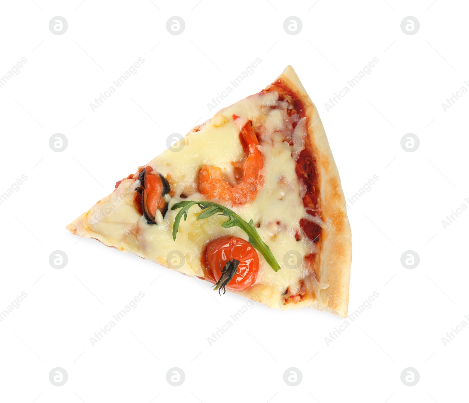 Photo of Piece of delicious seafood pizza isolated on white, top view