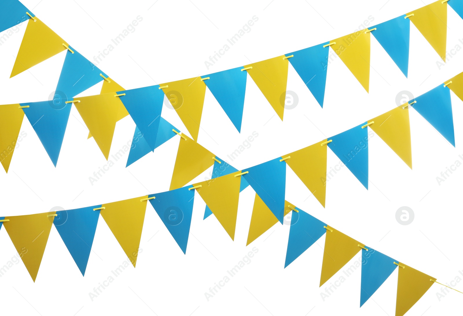 Photo of Rows of triangular bunting flags on white background. Festive decor