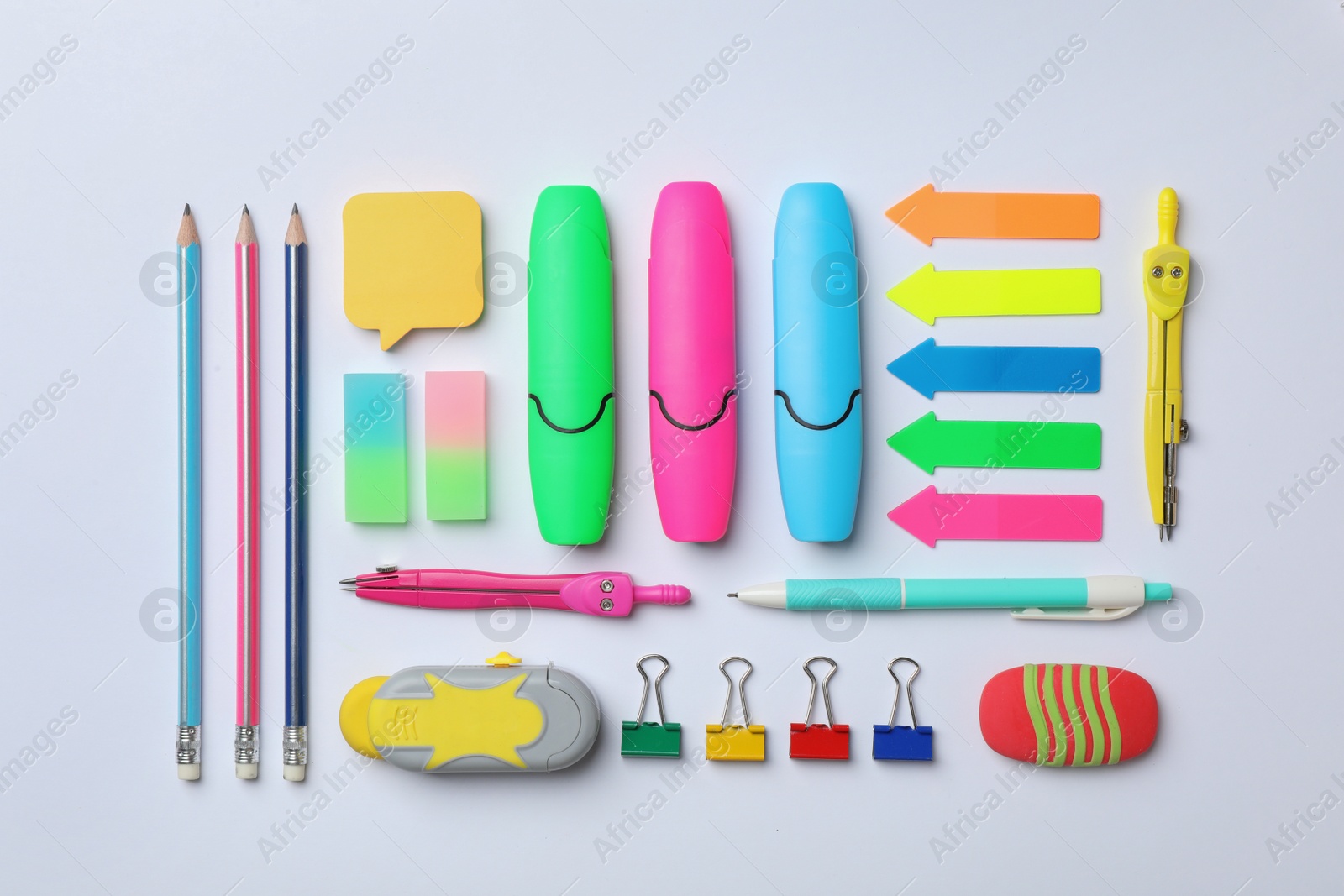 Photo of Composition with different school stationery on white background