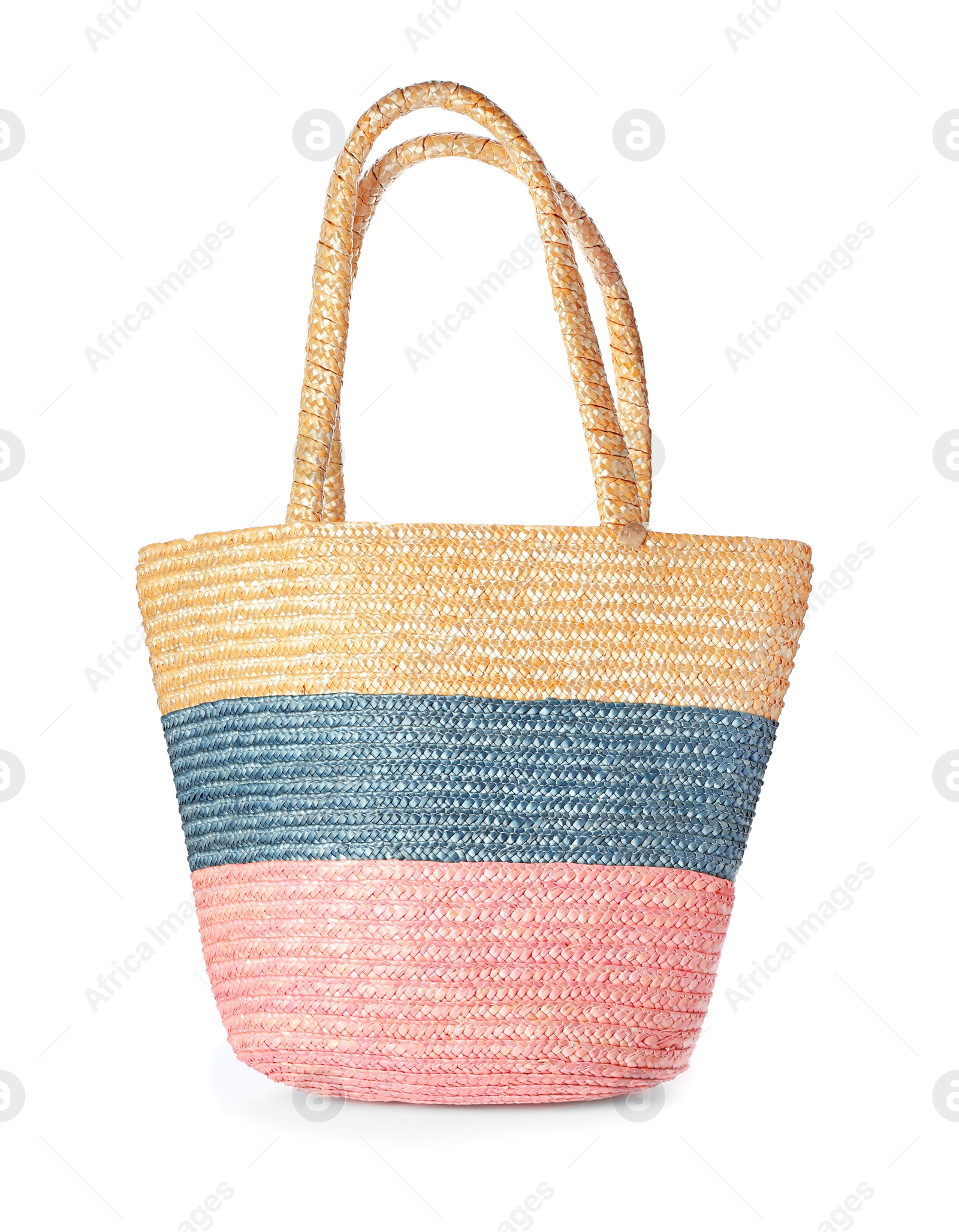 Photo of Beautiful female bag on white background. Beach object