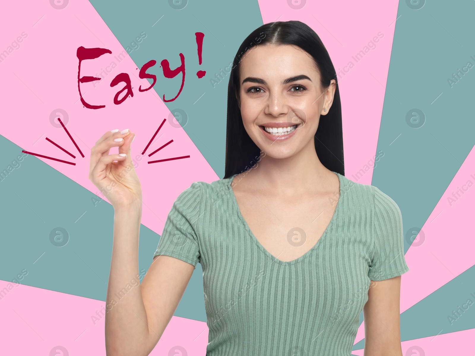 Image of Young woman snapping fingers on color background