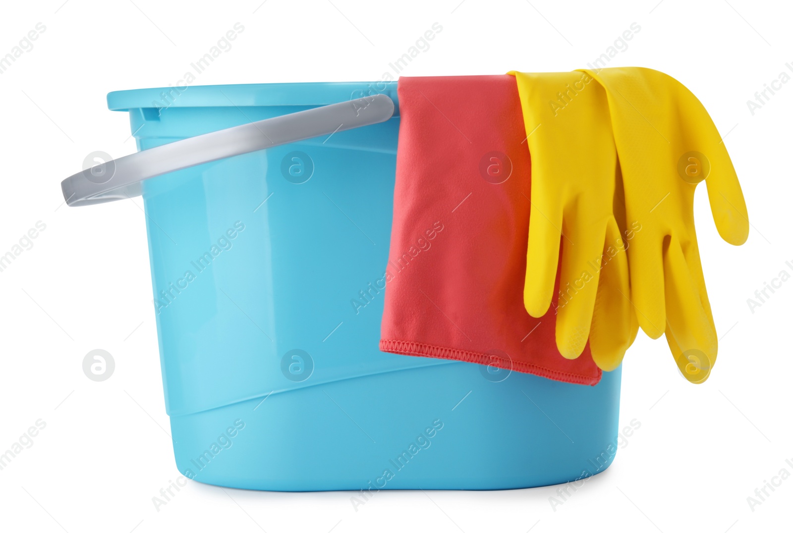 Photo of Blue bucket with rag and gloves isolated on white