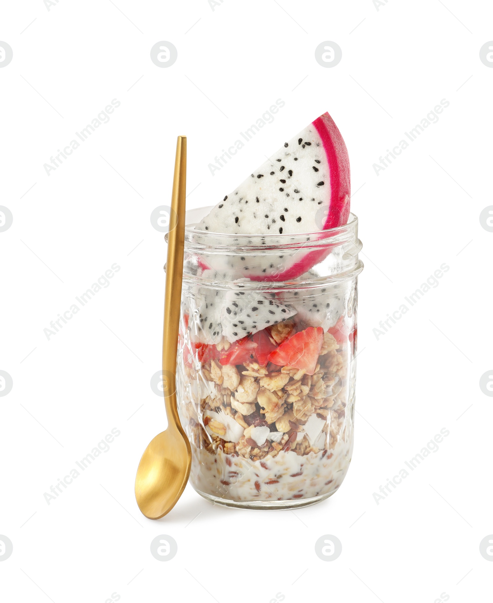 Photo of Granola with pitahaya and strawberries in glass jar on white background