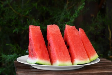 Photo of White plate with sliced watermelon on wooden stool outdoors