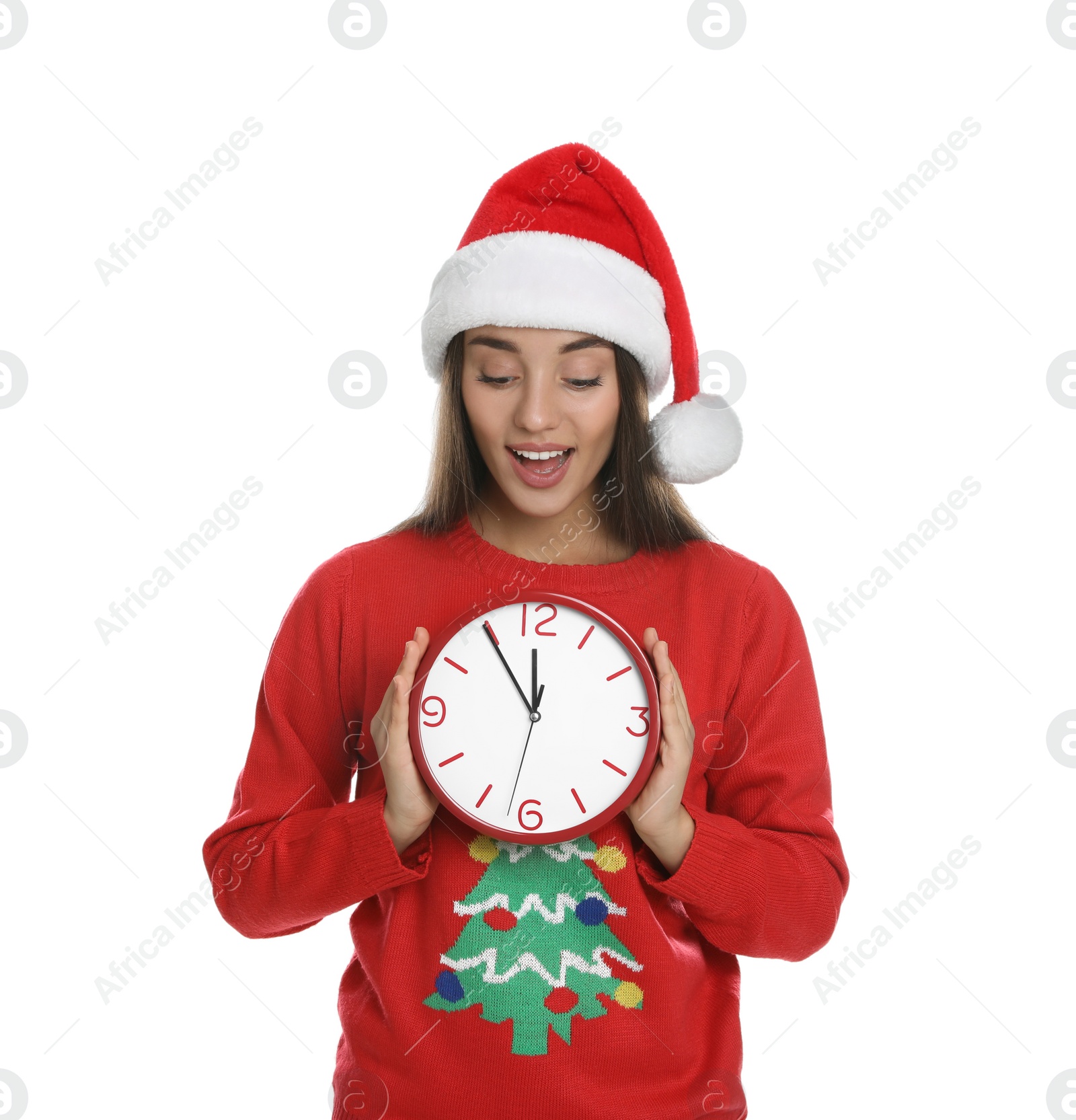 Photo of Woman in Santa hat with clock on white background. New Year countdown