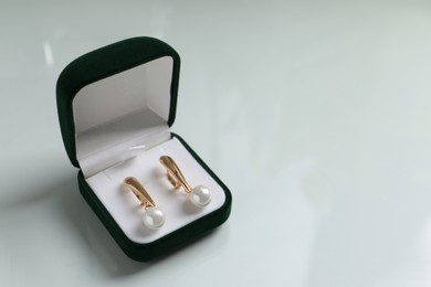 Elegant golden earrings in box on white table, space for text