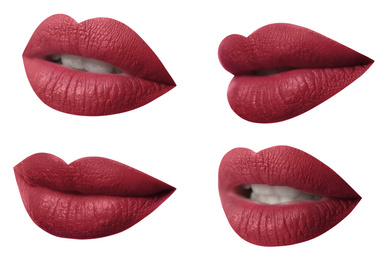 Image of Set of mouths with beautiful makeup on white background. Matte red lipstick
