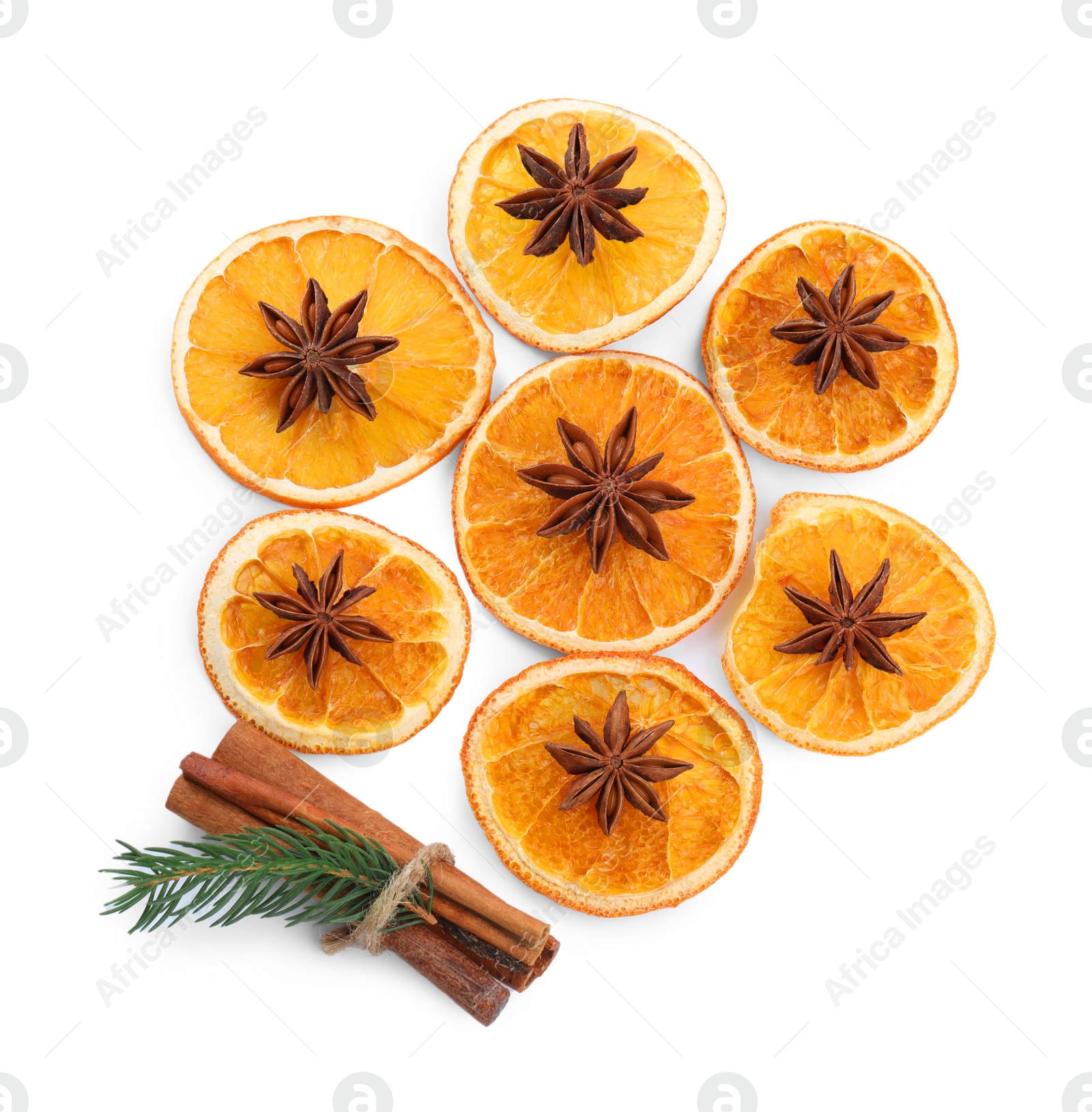 Photo of Dry orange slices, cinnamon sticks and anise stars isolated on white, top view