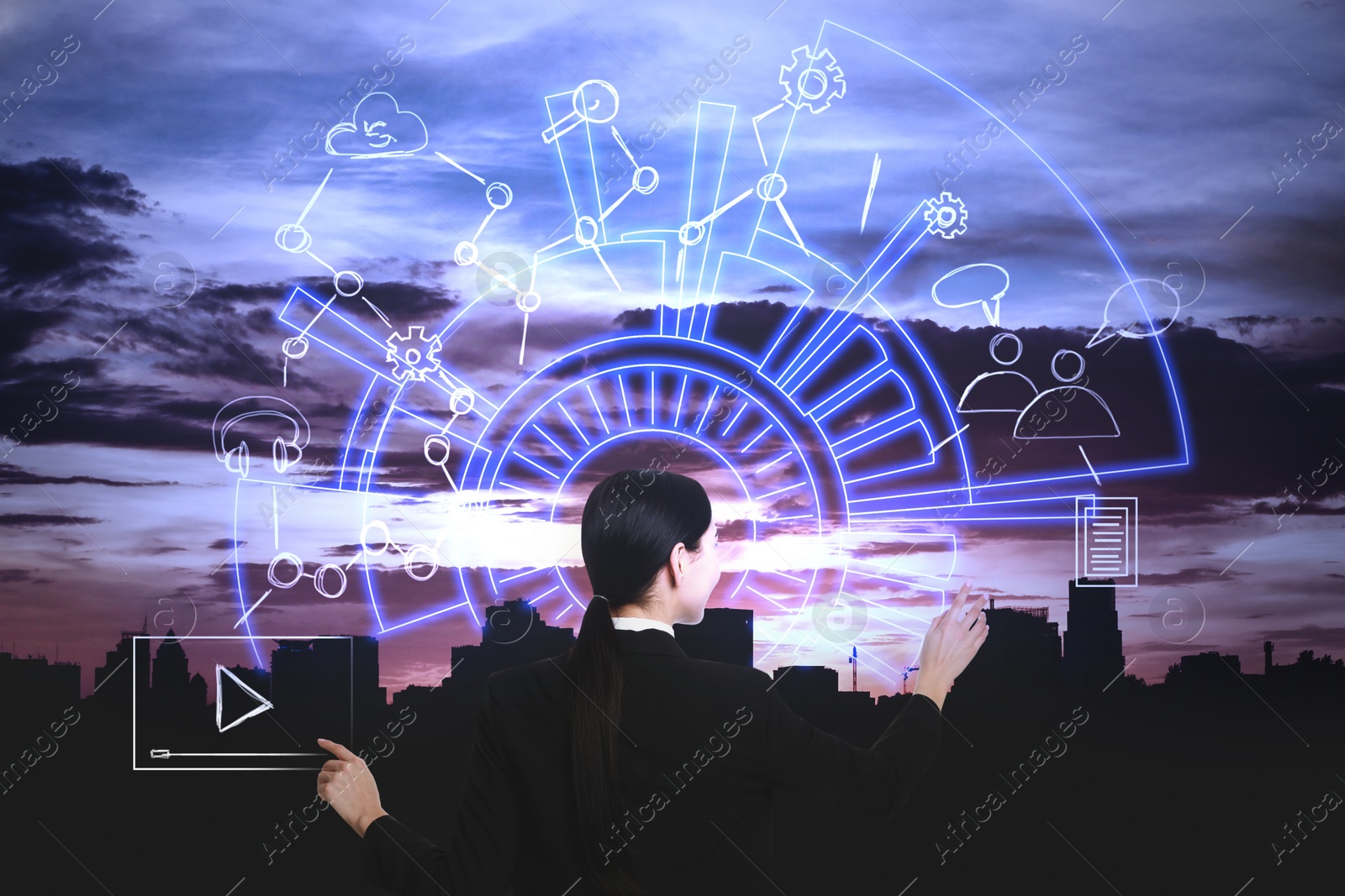 Image of Young businesswoman and network schemes against silhouette of city. Cloud technology 