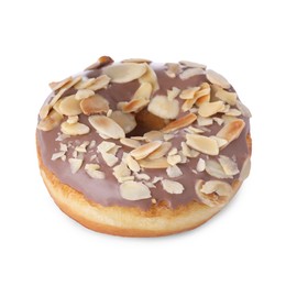 Photo of Tasty glazed donut decorated with almonds isolated on white