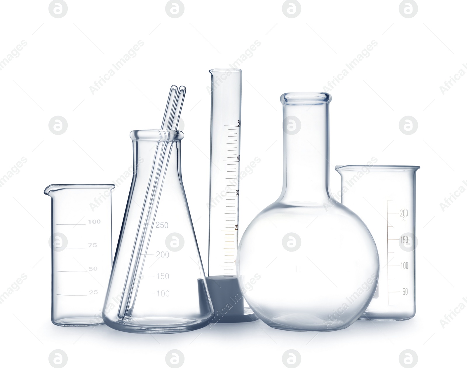 Photo of Empty clean laboratory glassware on white background