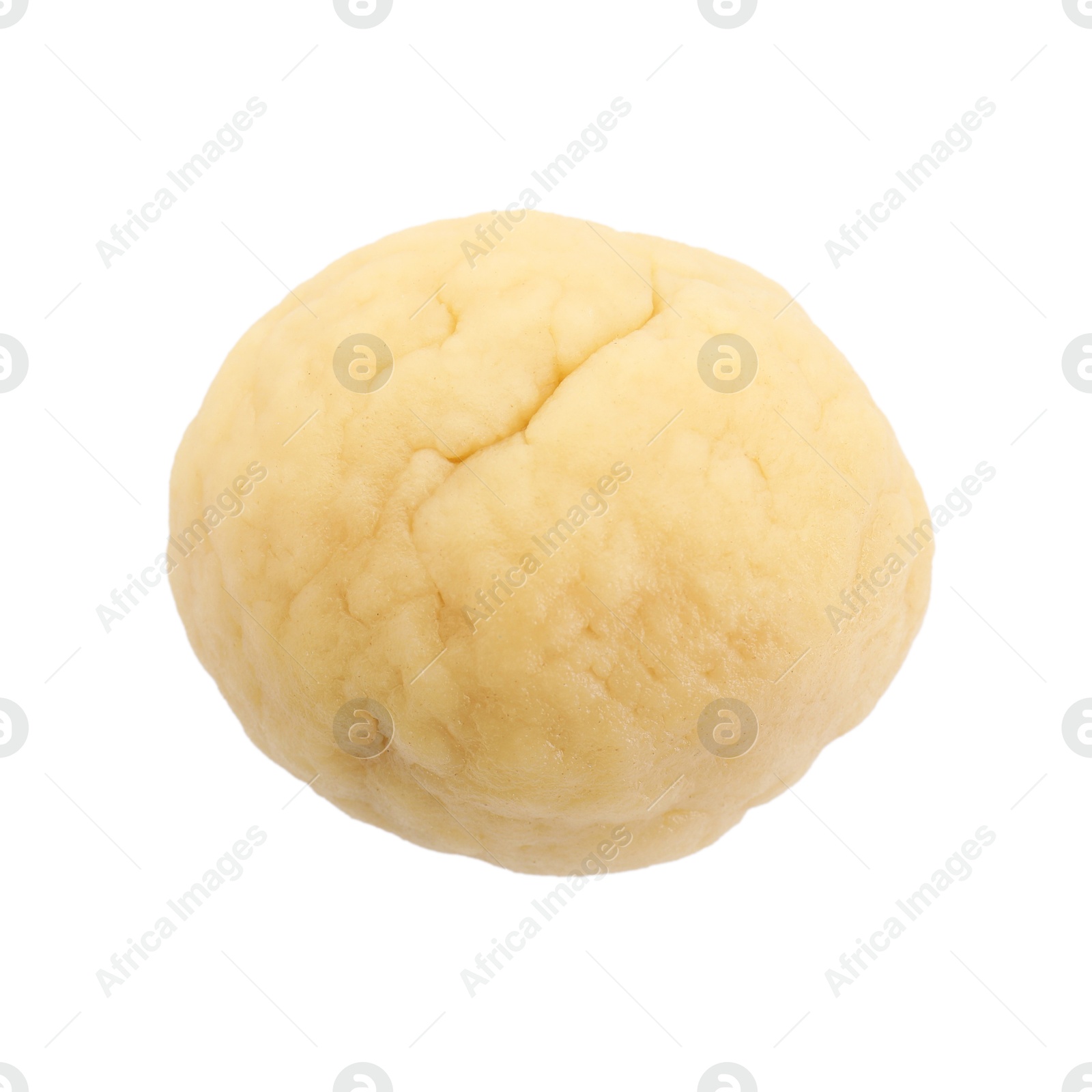 Photo of Making shortcrust pastry. Raw dough ball isolated on white, top view