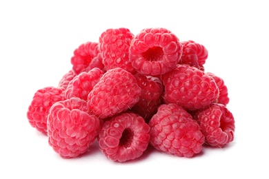 Photo of Delicious fresh ripe raspberries on white background