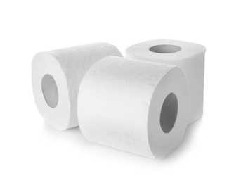 Photo of Rolls of toilet paper on white background. Personal hygiene