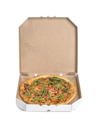 Photo of Cardboard box with tasty pizza on white background