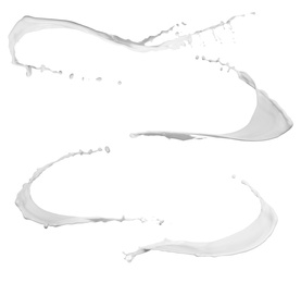 Image of Set with abstract splashes of milk on white background 