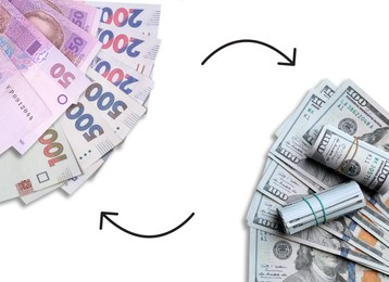 Image of Currency exchange. Semicircle arrows between American dollars and Ukrainian hryvnias on white background, top view