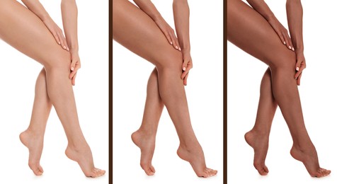 Image of Young woman with beautiful legs on white background, closeup. Collage showing stages of suntanning