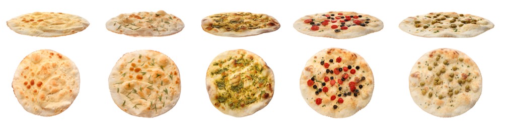 Image of Set with different traditional Italian focaccia on white background. Banner design 