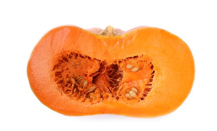 Photo of Half of fresh ripe pumpkin isolated on white, top view