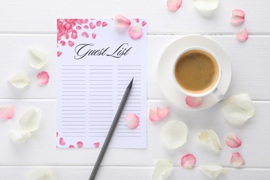 Photo of Guest list, pencil, coffee and petals on white wooden table, flat lay. Space for text