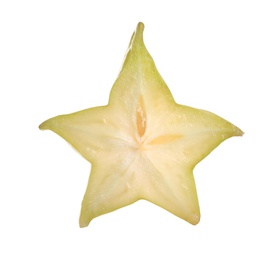Photo of Slice of ripe carambola isolated on white. Exotic fruit